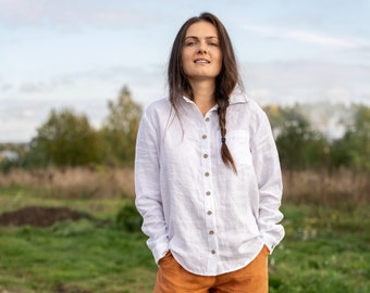 Natural Linen Tshirt, White Oversized Linen Top, Buttoned Linen Shirt, Linen Clothing for Women, Linen Collar Shirt NIKA