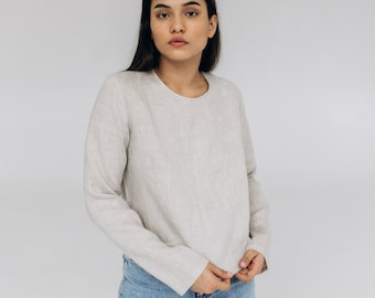 Simple linen pullover top, Women linen clothing, Linen long sleeve blouse, Minimalist linen sweater, Woman linen wear, Pure soft linen top