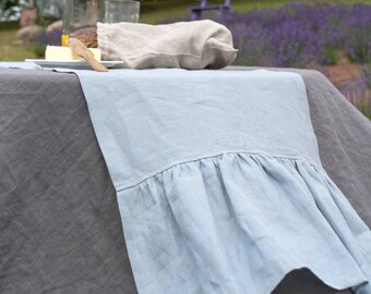 Rustic Wedding Table Runner, Natural Linen Decor, Blue Table Linen Cloth, Long Table Runner