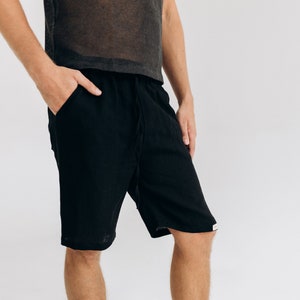 Black Linen Men&#39;s Shorts: Organic Boho Loungewear with Pockets