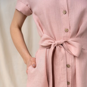 Romantic simple linen dress with belt, Midi length buttoned dress, Women linen clothing, Sustainable fabric dress, Shirt style dress image 3