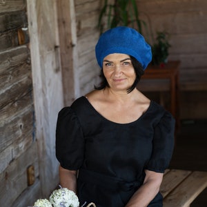 Organic linen yarns blue beret, Women's slouchy hat, Hand knitted flax beret hat, Classic summer beret, Boho style cap PARIS image 1