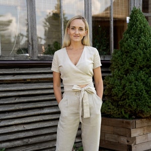 Linen women two piece suit, Wrap top and matching trousers, Natural linen women&#39;s set, Office summer outfit, Smart casual look