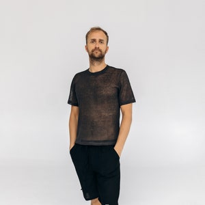Dark grey linen tshirt, Men vintage clothing, Knit linen yarns tee top, Man crochet linen outfit, Boho man wear, Festival boho top, Men top