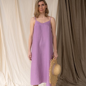 Loose fit woman linen dress, Spaghetti strap purple dress, Straight long summer dress, Sleeveless women linen dress, Maxi linen beach dress