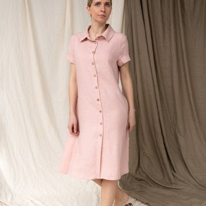 Romantic simple linen dress with belt, Midi length buttoned dress, Women linen clothing, Sustainable fabric dress, Shirt style dress