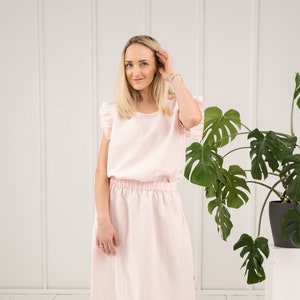 Women&#39;s linen pink blouse, Plus size linen top, Summer linen clothing, Natural linen blouse with ruffles, Oversized linen top GUODA