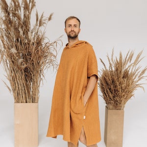 Surf linen poncho, Changing unisex poncho, Linen hooded poncho, Beach poncho towel, Water lover gift idea, Big size natural beach men's wear image 1