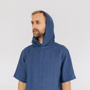 Hooded linen tshirt, Natural linen men&#39;s clothing, Blue soft linen t-shirt, Basic linen top with hood, Simple summer linen shirt for men