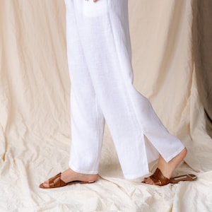 Pantalones de lino de mujer con splits, Pantalones de lino blanco de verano, Pantalones de lino anchos, Pantalones de mujer palazzo de lino en lino, Ropa Boho imagen 1