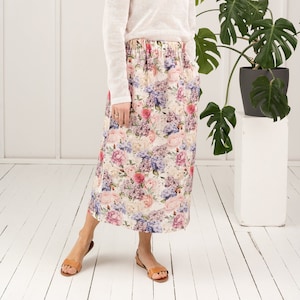 Jupe maxi vintage prête à porter, Jupe en lin boho florale, Jupe dété imprimée longue, Jupe colorée femme taille PEONY S /M image 1