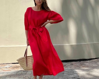 Red Linen Dress: Sleeveless Summer Midi with Belt