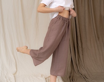 Loose natural linen capris, Wide leg high waist women trousers, Summer holidays beach pants, Culottes with pockets, Heavy linen pants