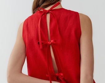 Red Linen Mini Dress: Sleeveless Tie-Back Summer Dress