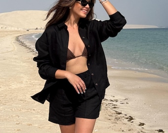 Black Linen Set for Women – Shorts & Oversize Shirt with Back Tie, Stylish Vacation Outfit, Gift Idea