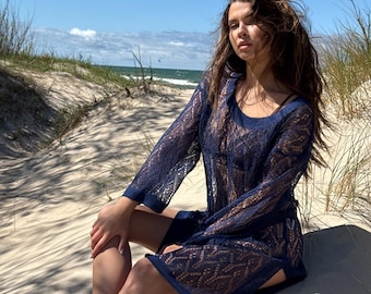 Hand-Knit Linen Beach Tunic: Dark Blue Summer Cover-Up