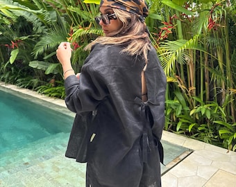 Black Linen Shirt and Shorts Set for Women, Back Tie Linen Top, Two Piece Linen Outfit, Vacation Resort Wear, Minimalist Summer Set