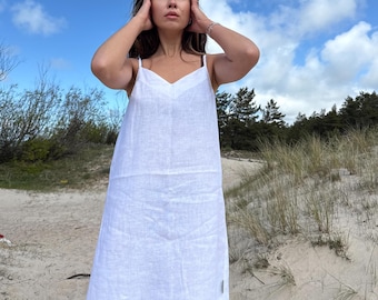 White linen summer dress with pockets – breathable spaghetti strap sundress, minimalist eco-friendly outfit, perfect gift for her