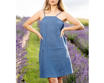 Woman strap linen dress, Blue simple linen wear, Sleeveless short dress, Natural linen for women, Summer strap linen dress JESSICA