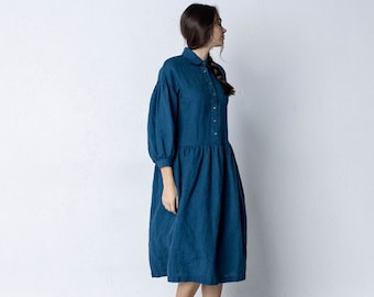 Dark blue washed linen smock dress, Comfortable dress, Women linen summer dresses, Loose smock dress with pockets, Loose fit tunic dress