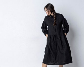 Robe en lin noir, robe longue en lin, vêtements en lin pour femmes, coupe ample, robe-chemise en lin naturel, vêtements en lin vintage, robe boutonnée