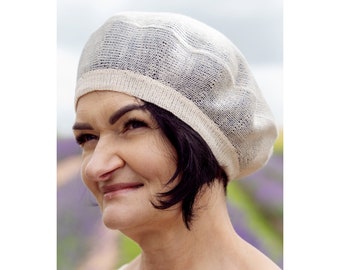 Béret français classique, bonnet ample en tricot, accessoire de tête estival pour femme, chapeau en fils bio, béret en lin PARIS