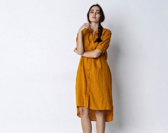 Loose fit flax linen tunic dress, Women linen wear, Stone washed linen clothing, Midi buttoned linen dress, Oversized linen, Simple dress