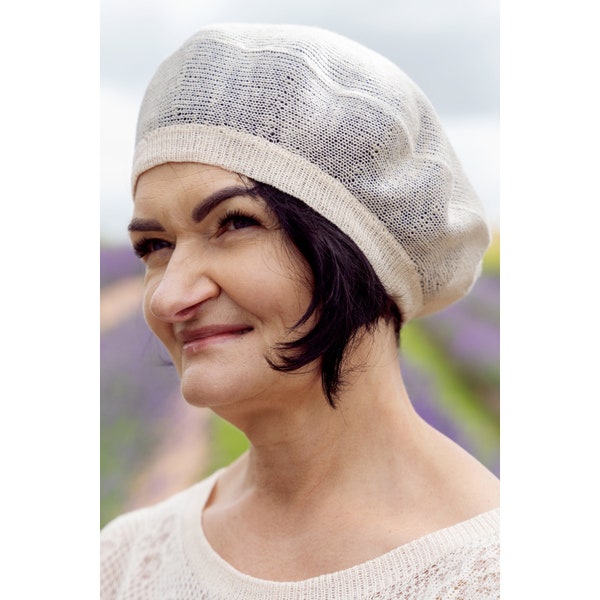 Béret français classique, bonnet ample en tricot, accessoire de tête estival pour femme, chapeau en fils bio, béret en lin PARIS