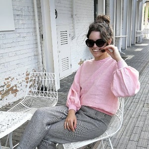 Balloon sleeve linen top, Simple linen blouse, Long sleeve linen, Soft linen pullover top, Natural linen sweater, Puffy sleeve blouse