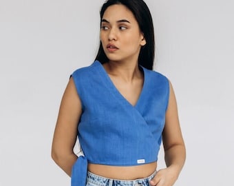 Wrap up style women blouse, Short eco linen tee top, Linen wrap top, Womens linen wrap blouse, Linen wrap crop top, Blue linen wrap shirt