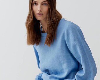 Light Blue Linen Sweater: Women's Long Sleeve Pullover Top