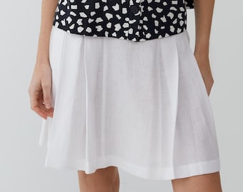 White Linen Pleated Mini Skirt: Vintage Style A-Line