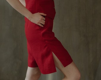 Red linen shorts, High waisted eco linen women skirt shorts, Knee length wide leg shorts with pockets, Casual soft linen shorts with splits