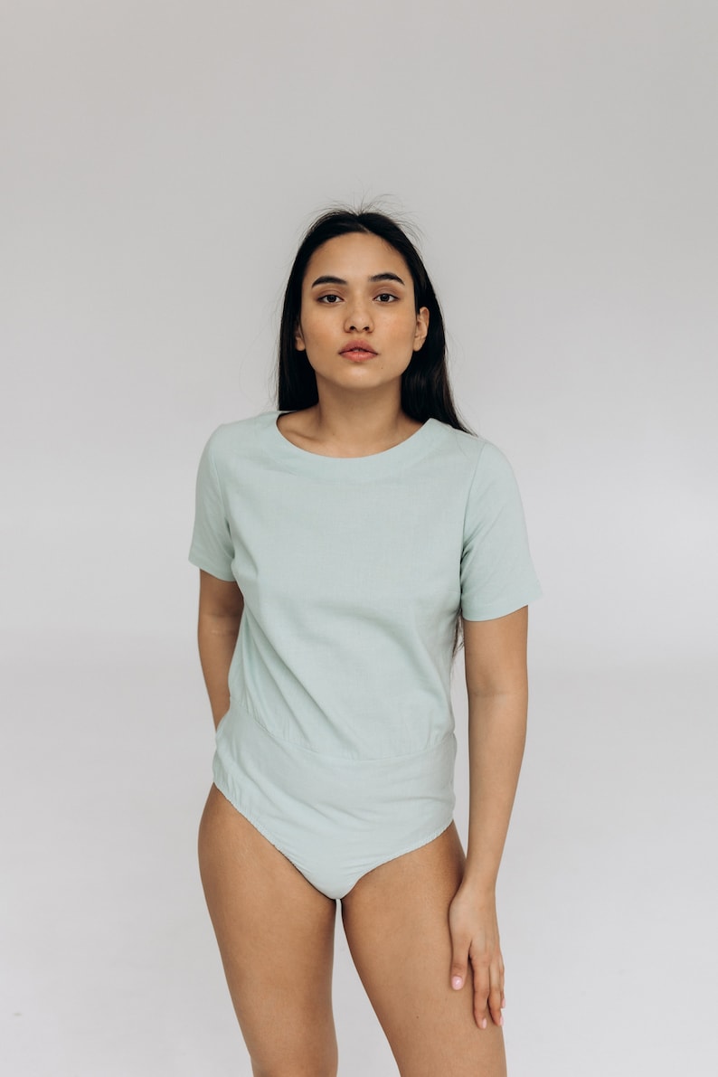 Breathable soft linen bodysuit for women, Short sleeve organic bodysuits, Skin friendly linen bodysuit wear, Pure linen comfortable bodysuit Mint