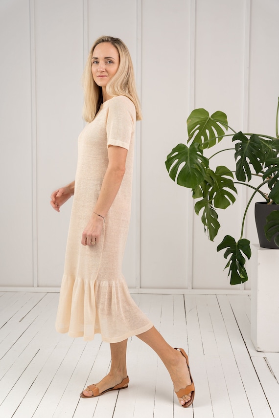Hand Knitted Linen Ruffle Dress: Boho Maxi Dress