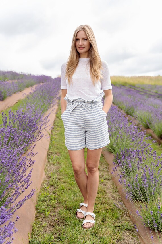 High Waist Shorts Breathable Linen Short Striped Beach Shorts