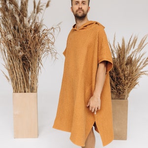 Surf linen poncho, Changing unisex poncho, Linen hooded poncho, Beach poncho towel, Water lover gift idea, Big size natural beach men's wear image 3