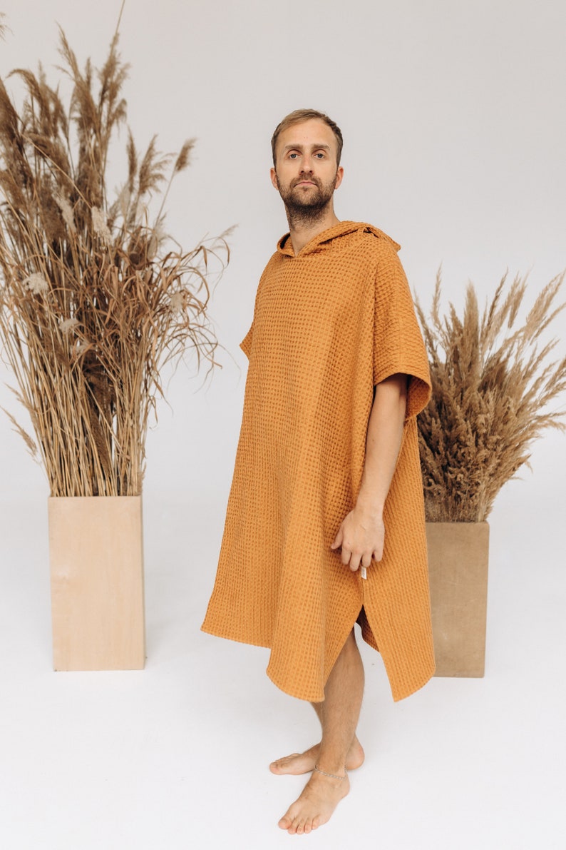 Surf linen poncho, Changing unisex poncho, Linen hooded poncho, Beach poncho towel, Water lover gift idea, Big size natural beach men's wear image 3