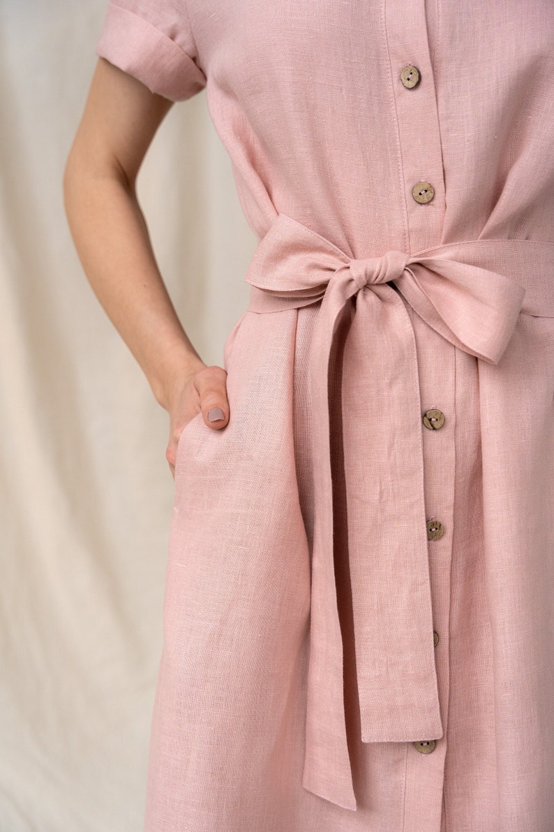 Romantic simple linen dress with belt, Midi length buttoned dress, Women linen clothing, Sustainable fabric dress, Shirt style dress image 3