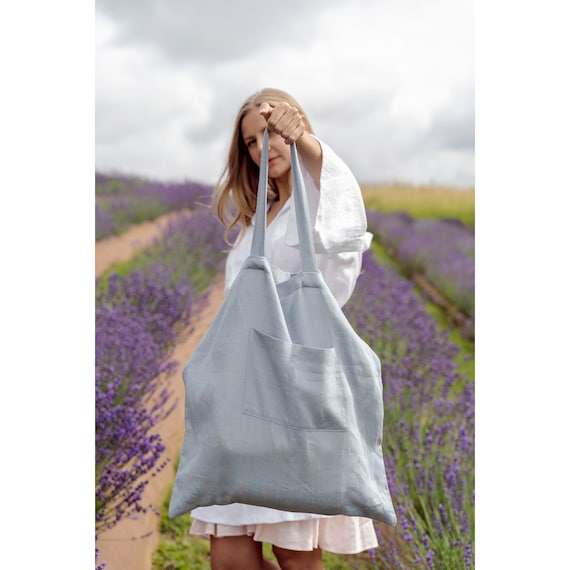 Large Linen Tote Bag: Reusable Shopping Bag with Pockets
