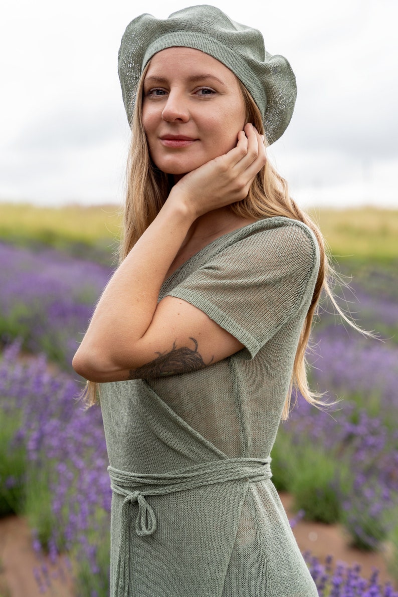 Organic linen yarns blue beret, Women's slouchy hat, Hand knitted flax beret hat, Classic summer beret, Boho style cap PARIS image 7