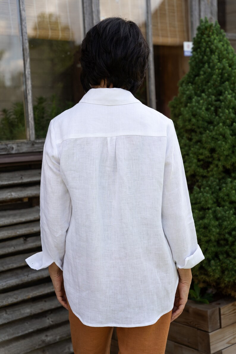 Natural Linen Tshirt, White Oversized Linen Top, Buttoned Linen Shirt, Linen Clothing for Women, Linen Collar Shirt NIKA image 6