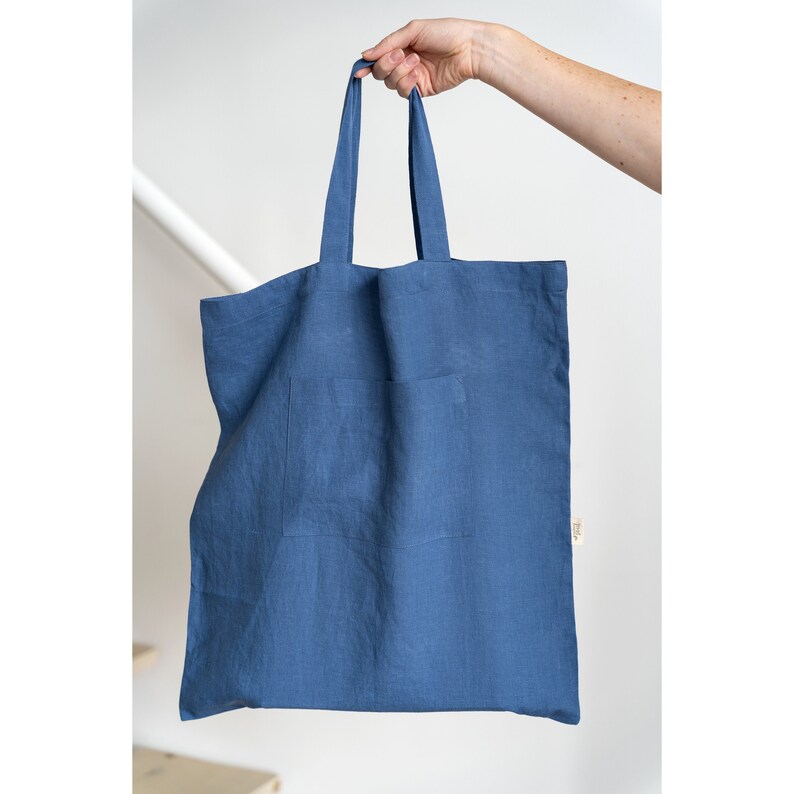 Embroided linen shopping bag, Shopping lover gift, Personalised reusable linen bag, Vegan accessories, Smart shopping tote bag with name Blue