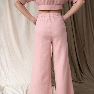 Wide leg linen woman pants, Linen palazzo pants, Women's casual trousers with pockets, Loose-legged pants, Boho woman clothing rose