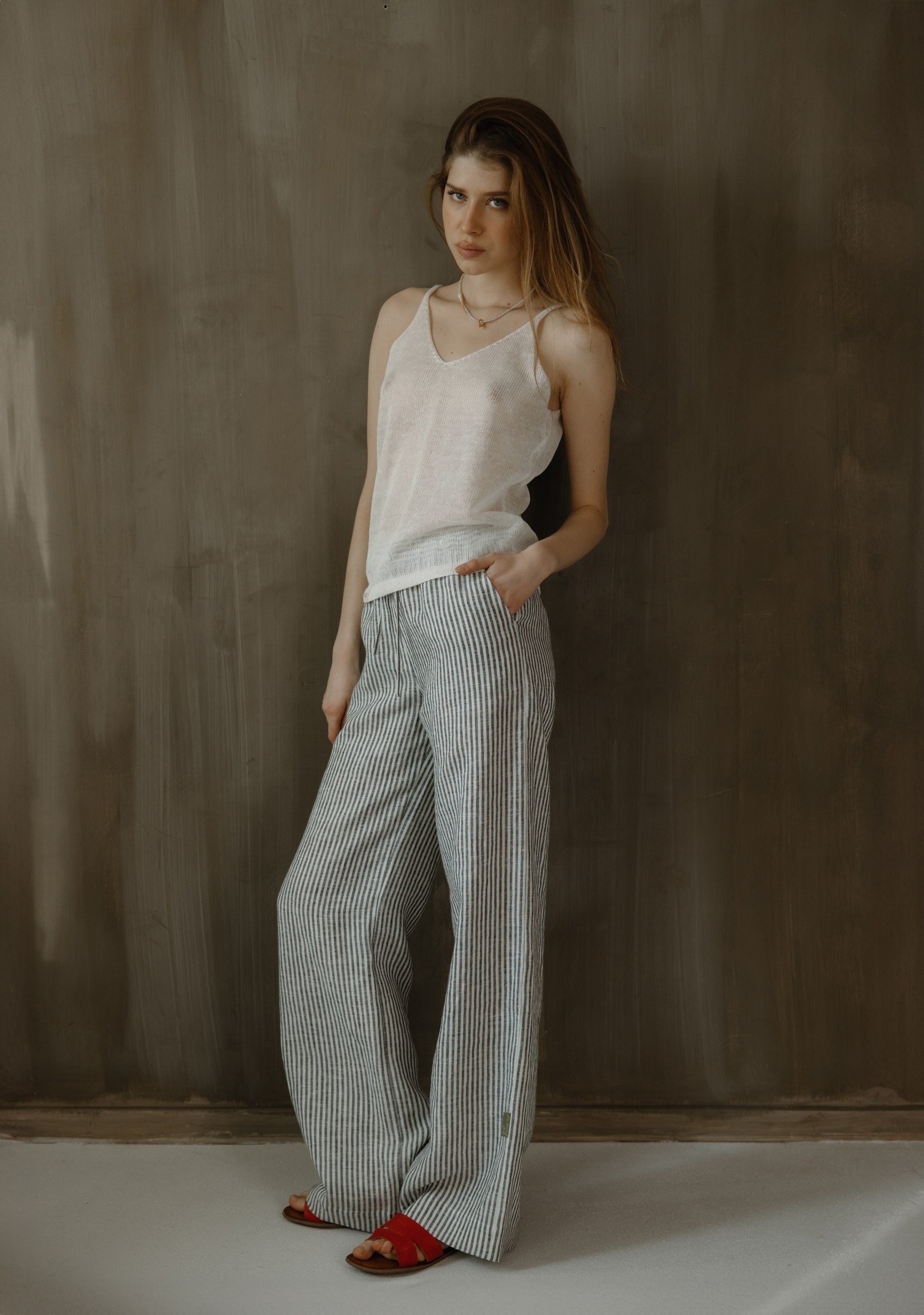 Natural soft linen wide leg women pants, Summer relaxed fit wide trousers, Oversized style baggy linen trousers, Striped ligth linen pants