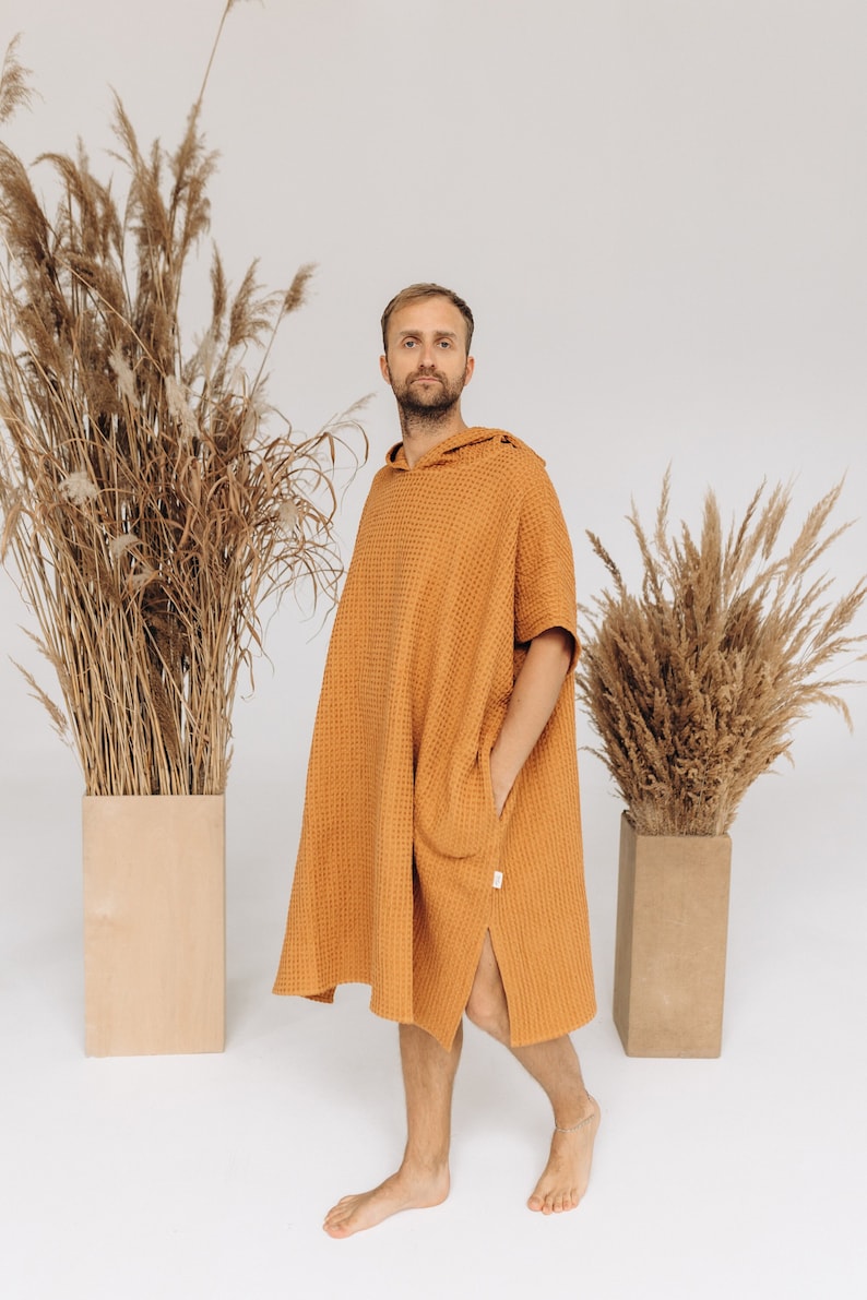 Surf linen poncho, Changing unisex poncho, Linen hooded poncho, Beach poncho towel, Water lover gift idea, Big size natural beach men's wear image 1