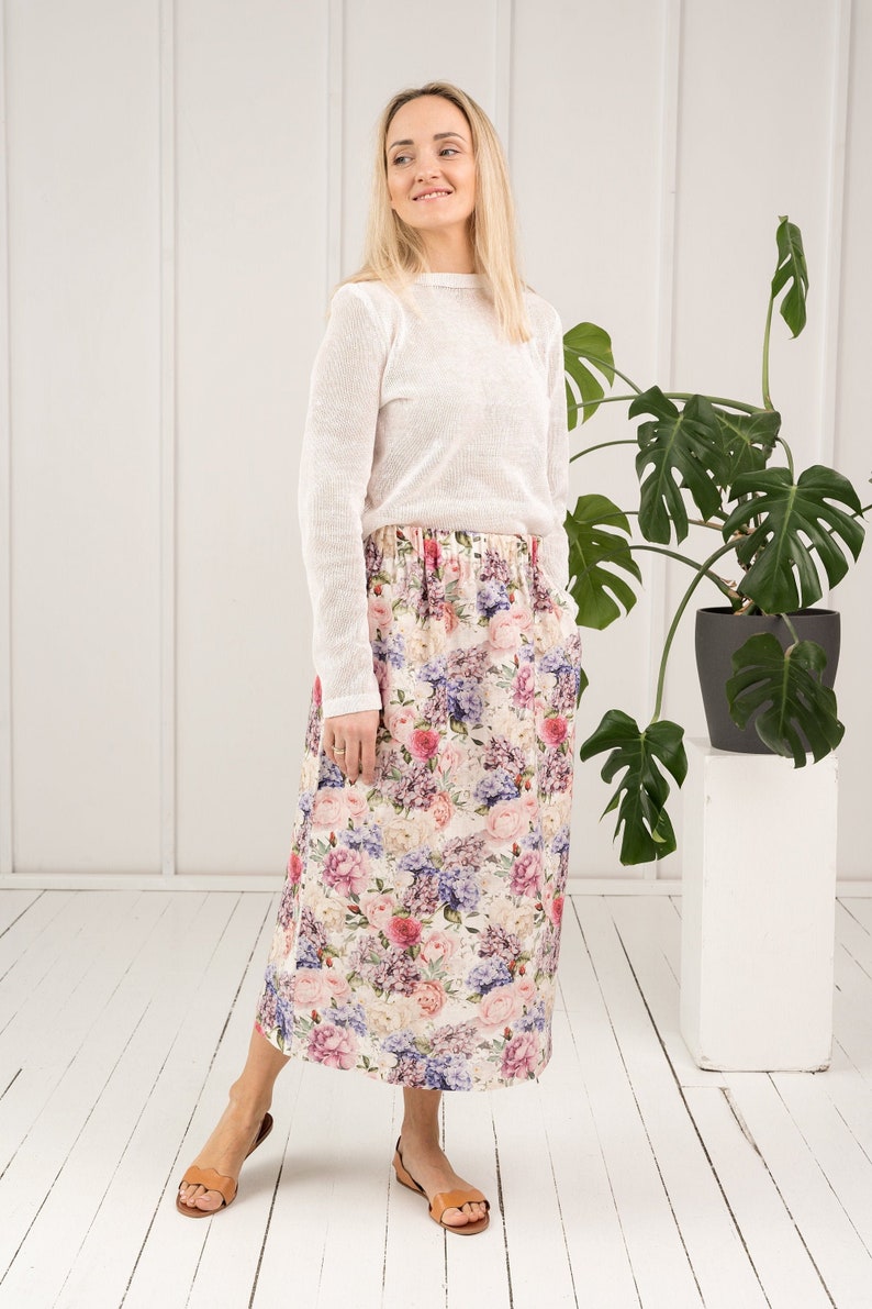 Jupe maxi vintage prête à porter, Jupe en lin boho florale, Jupe dété imprimée longue, Jupe colorée femme taille PEONY S /M image 1