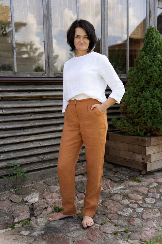 Washed Women Linen Trousers High Waisted Linen Pants Tapered - Etsy