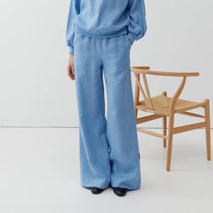 Wide leg light blue linen pants, Women soft linen full length trousers, Linen loungwear style pants, Linen summer trousers with pockets