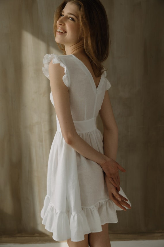 knee length dresses for ladies White Linen Dress with V-Back and Shoulder ruffle – Pukatuka